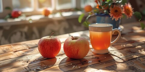 Obraz premium Cozy Morning with Fresh Apples and Tea on Wooden Table in Sunlight