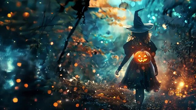 Video of woman in a witch costume holding a pumpkin lantern. The image has a spooky and eerie mood