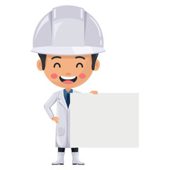 Supervisor smiling  holding a banner with space for text for advertising, presentations, brochures . Food industry engineer. Science, technology and safety in food production and processing