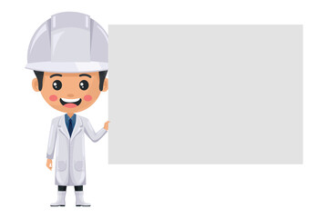 Quality control supervisor holding a banner with space for text for advertising, presentations, brochures . Food industry engineer. Science, technology and safety in food production and processing