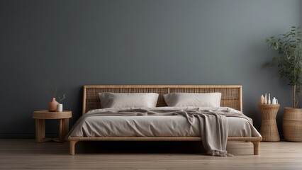 Interior home of bedroom with wooden rattan bed on dark wall copy space, Scandinavian style