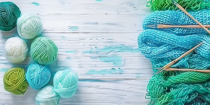 Garn in den Farben Gr&uuml;n, T&uuml;rkis, Aquamarin und Blau. Wei&szlig;er Holzhintergrund. Stricknadeln und H&auml;kelnadeln. Schere. Blauer langer Hintergrund.