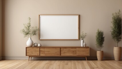 Interior home of living room with blank frame poster mock up and wooden sideboard on pastel brown wall copy space