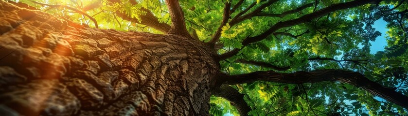 Sunlight Filters Through the Leaves of a Majestic Tree, Viewed from the Trunk Upwards with a Focus on the Rugged Bark