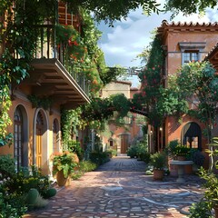 Fototapeta premium Italian Style Courtyard with Lush Greenery