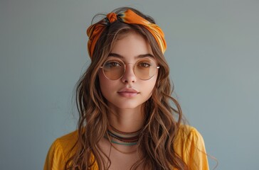 Fototapeta premium Young Woman Wearing Orange Sunglasses and Headband Leaning Against a Wall
