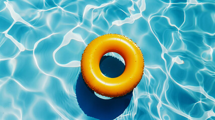 Naklejka premium A yellow inflatable ring floating on blue water in a swimming pool.