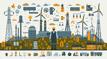 Fototapeta premium Set of renewable energy engineers and energy illustrations. Flat vector illustrations of renewable energy work, analysis, control, renewable energy development, energy research, energy education