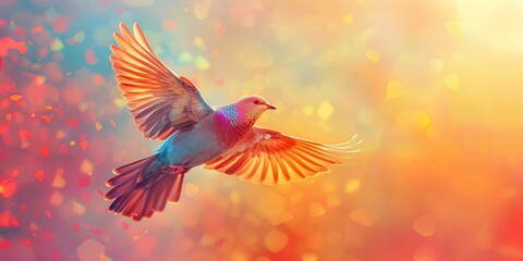 Fototapeta premium Vibrant Flying Bird in Colorful Dreamscape with Glowing Wings and Abstract Background