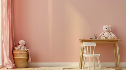 A wall in a warm childrens bedroom