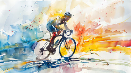 Colorful watercolor painting of a cyclist racing through vibrant splashes. Dynamic brush strokes capture the energy of the sport.