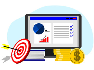 flat vector illustration, Computer monitor showing graph with rising line, stack of coins and arrow target