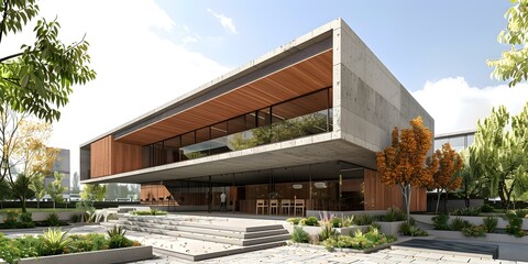 Fototapeta premium Modern Architecture Building Exterior With Concrete And Wood Design