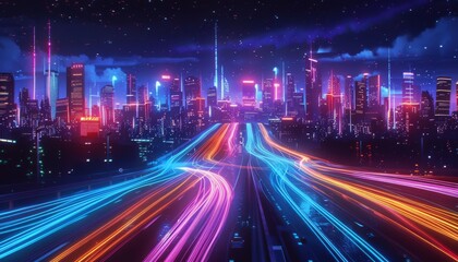 Neon Cityscape With Long Exposure Light Trails at Night