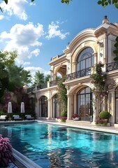 Naklejka premium A luxurious mansion with a swimming pool and beautiful flowers