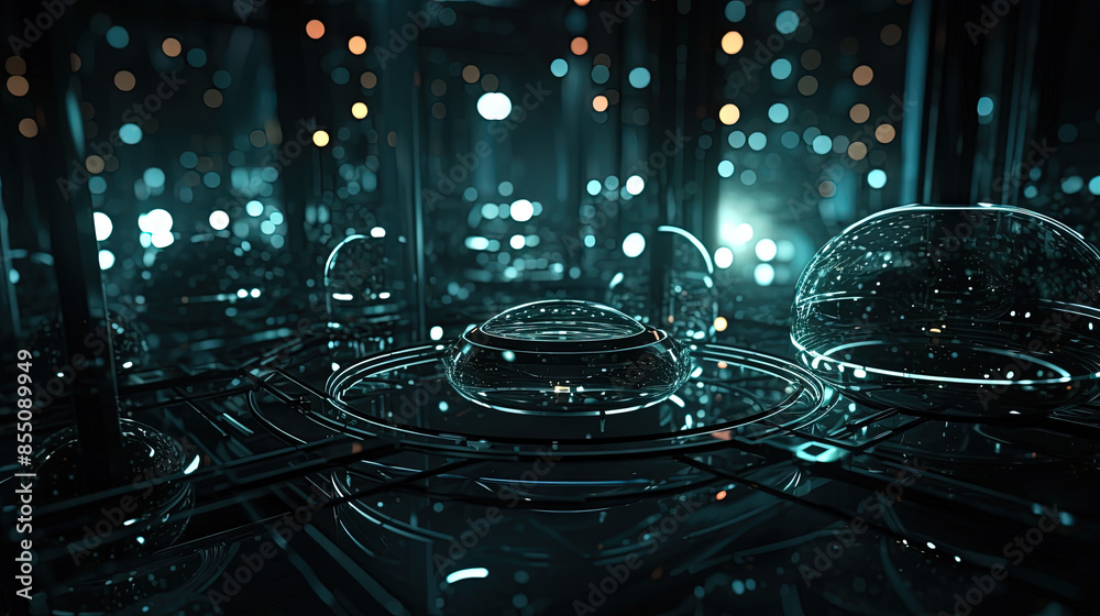 Poster Technology abstract background with hud styled round interface elements in neon tech light.
