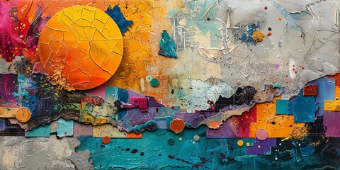 Fototapeta premium Vibrant Abstract Collage Art with Bold Colors and Textures