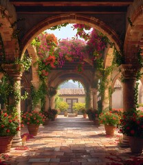 Fototapeta premium Archway Pathway With Flowers and a Brick Floor