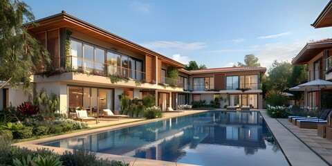 Fototapeta premium Modern Villa with Pool and Lush Greenery
