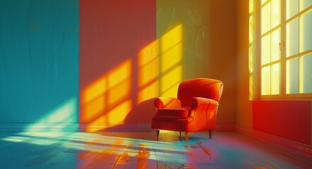 Red Armchair in a Sunlit Room With Blue, Orange, and Yellow Walls