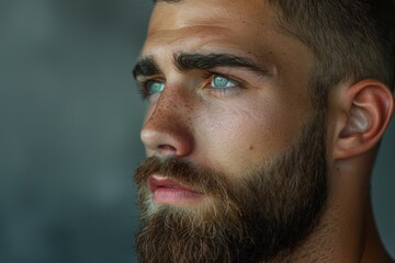 Obraz premium Close-Up of Bearded Man with Blue Eyes. Close-up portrait of a bearded man with striking blue eyes, capturing the intensity and detail of his facial features.