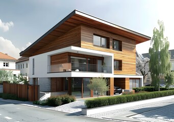 The modern design of a two-story private house with a flat roof