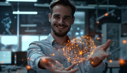 Smiling Man Holding Glowing Sphere in Modern Office