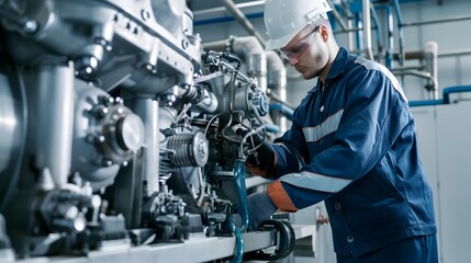 Marine Engineer Examining Ship Engine with Technical Precision