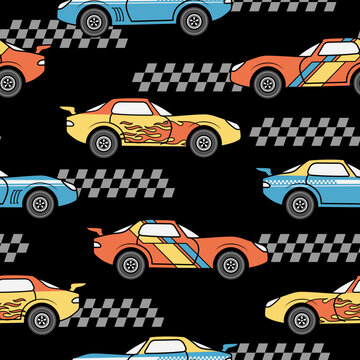Sports car vector seamless pattern. For apparel prints, fabrics, and other uses.