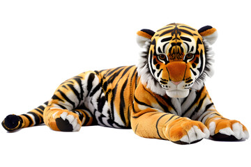 Obraz premium A vibrant photo of a tiger stuffed animal toy, isolated on a transparent background, featuring bold stripes and a playful pose