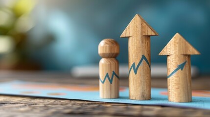 Wooden Figures and Arrow Graph on Wooden Desk with Blurred Blue Background