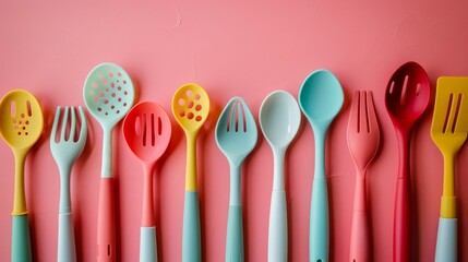 Colorful Kitchen Utensils on Pink Background Arranged in a Row