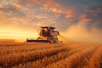 Obraz premium Harvester collects ripe corn in a ripe corn field