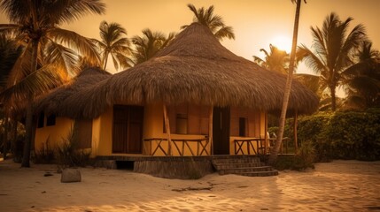 Fototapeta premium Charming bungalow with a thatched roof nestled