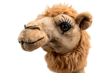 Obraz premium A close-up shot of a camel stuffed animal toy, isolated on a transparent background, showcasing its humps and detailed stitching
