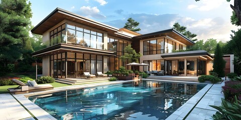 Fototapeta premium Modern House with Swimming Pool and Backyard Landscaping
