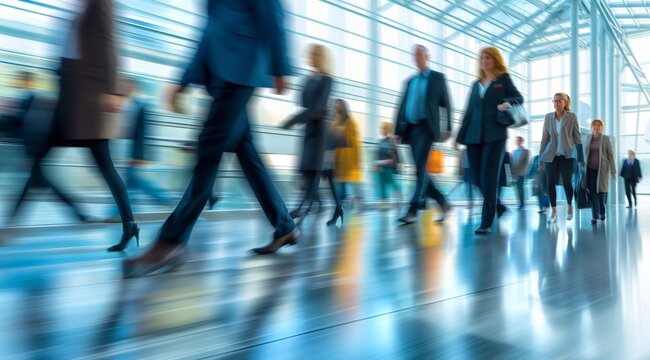 diverse life insurance agents walking quickly to a special conference, busy business people moving blurred motion.