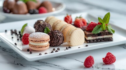 Plate of assorted macarons and chocolate treats on a white plate with berries