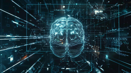 Futuristic digital brain interface concept, representing artificial intelligence, data processing, and scientific technology advancements.