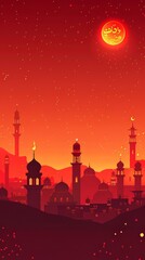 Islamic Red Background With Mosque and Moon