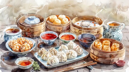 A variety of delicious dim sum dishes are on display, including dumplings, buns, and rolls