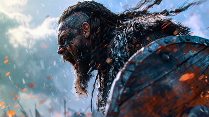 Fierce Viking Warrior in Battle with Shield and War Paint.