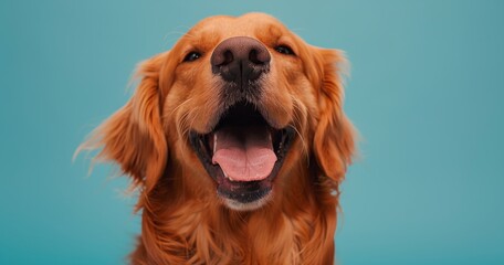 Obraz premium Golden Retriever Dog Smiles Against Blue Background