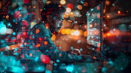 An IT worker working on his computer with digital data and code, representing the importance for software cocreators to keep their systems safe and security advanced in network protection