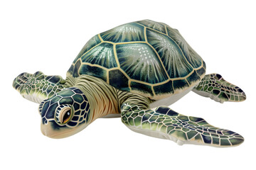 A detailed image of a sea turtle stuffed animal toy, isolated on a transparent background, highlighting its detailed shell and flippers 
