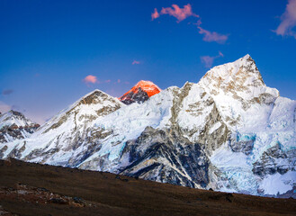 Close up Evening colored view of Mount Everest. Khumbu valley, Solukhumbu, Sagarmatha national...