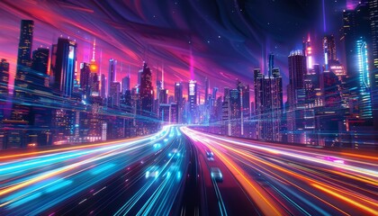 Fototapeta premium Neon Cityscape With Long Exposure Light Trails at Night