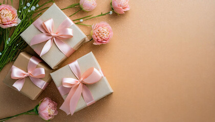 gifts adorned with pink ribbon bows and flower buds on a soft peach fuzz color background, capturing the essence of Valentine's Day with its romantic and cheerful vibe