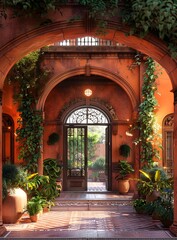 Spanish Colonial Style Courtyard with Ornate Iron Gates