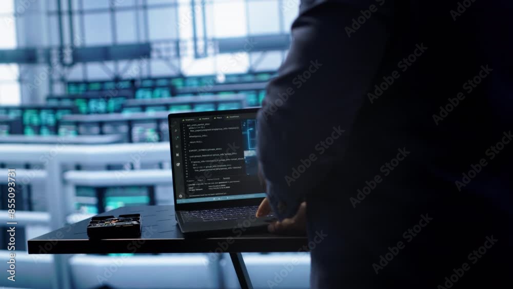 Poster engineer in server hub works with artificial intelligence computerized model simulating human brain.